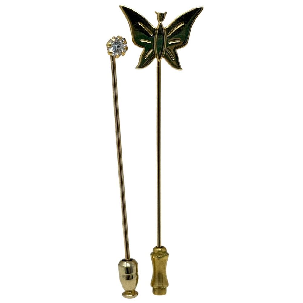 Vintage 90s Gold Tone Butterfly & Rhinestone Stick Pin Set 2.5”